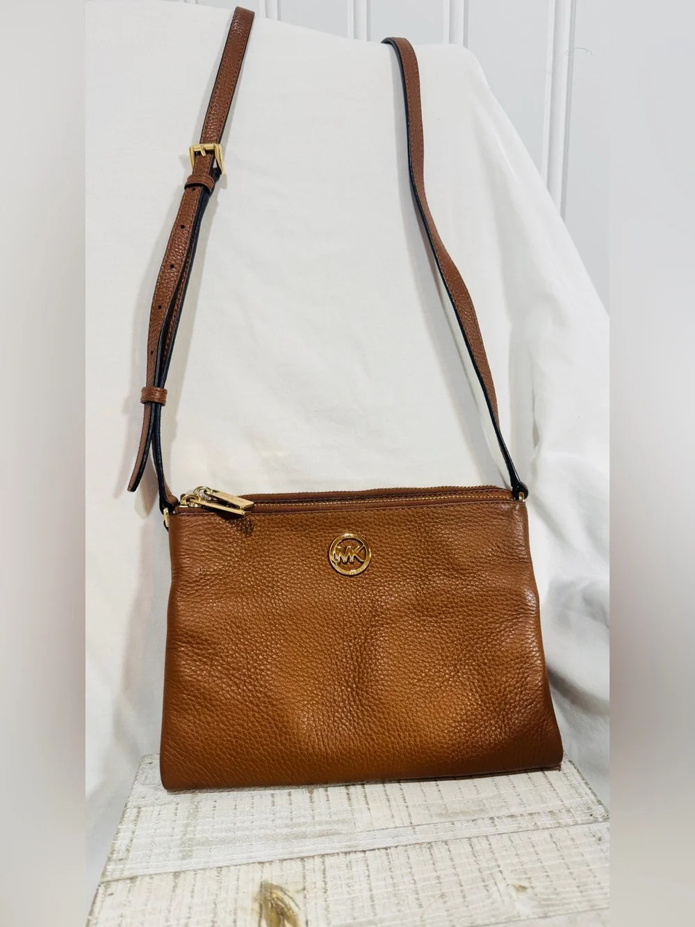 Michael Kors Cognac Brown Pebbled Leather Crossbody Bag